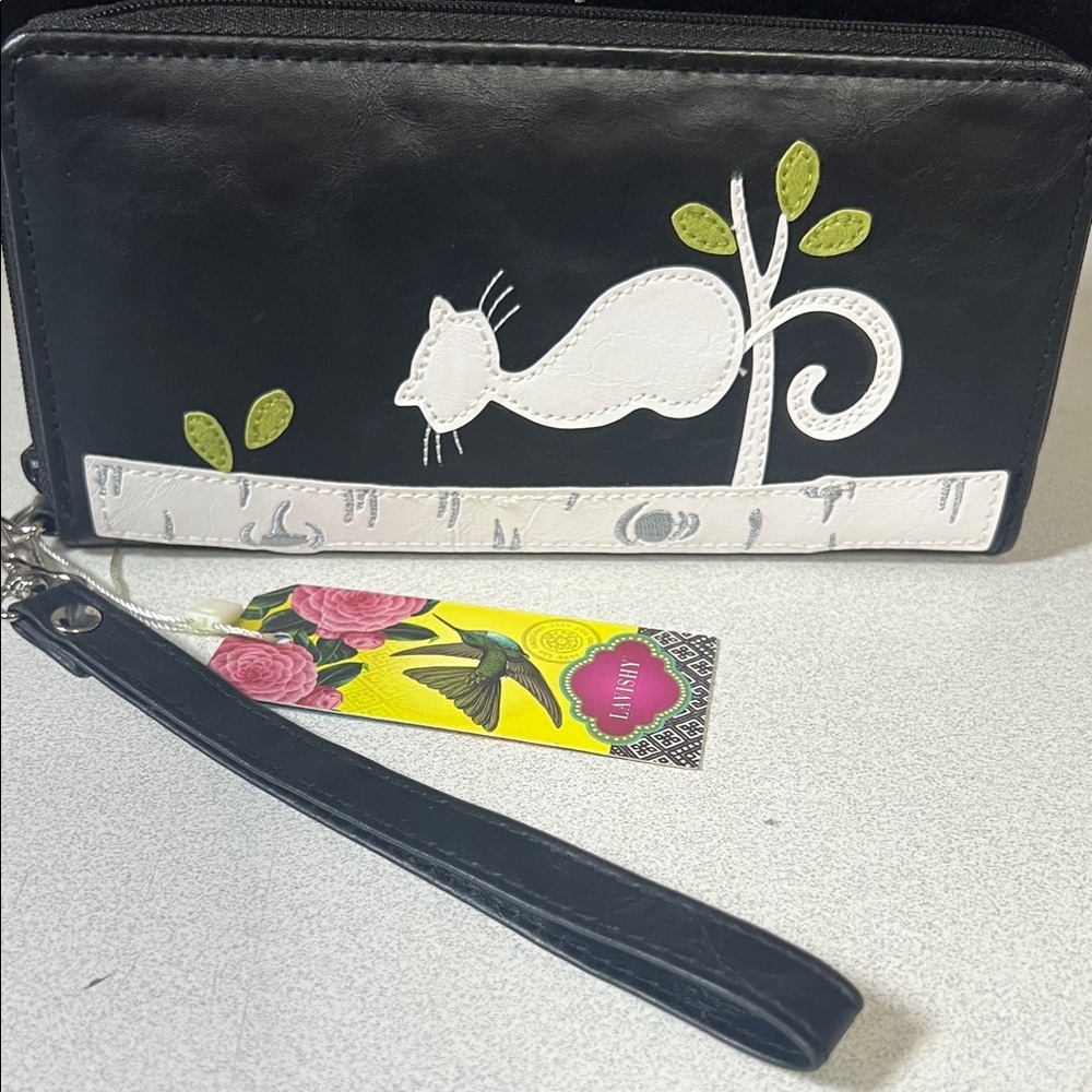 Charming Black and White Cat Wallet with Green Accents